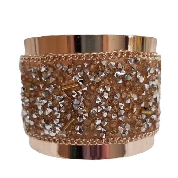 Jewelry - Copper Rose Gold Rhinestone Crush Glass Silver Studs Beaded Metal Cuff Bracelet